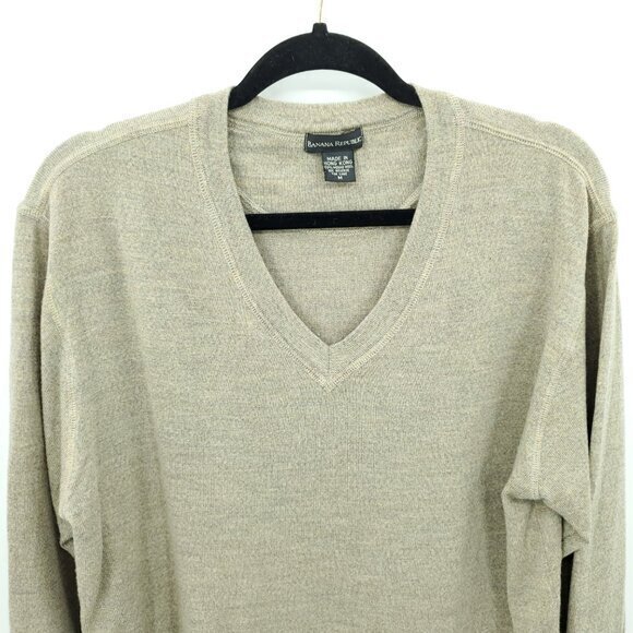 VTG 90s Banana Republic 100% Merino Wool V-Neck Sweater M Tan/Taupe - Picture 4 of 16